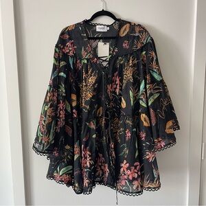 NWT Charo Ruiz Ibiza Ivet Black Kaftan Floral Lace-Up Swim Cover-Up